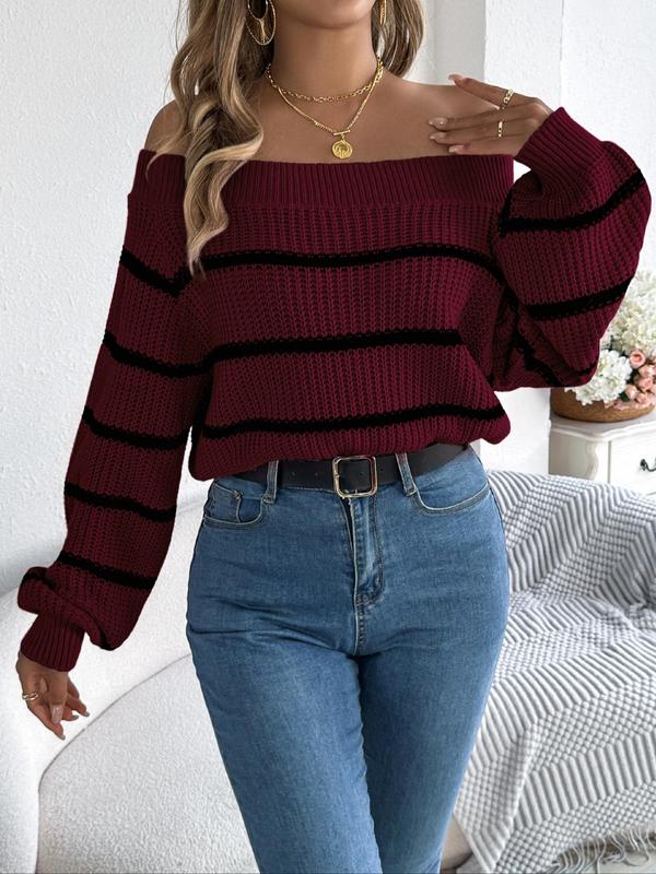 Women's Striped Print Off Shoulder Bishop Sleeve Sweater, Casual Long Sleeve Jumper for Fall & Winter, Fashion Ladies' Knitwear for Daily Wear