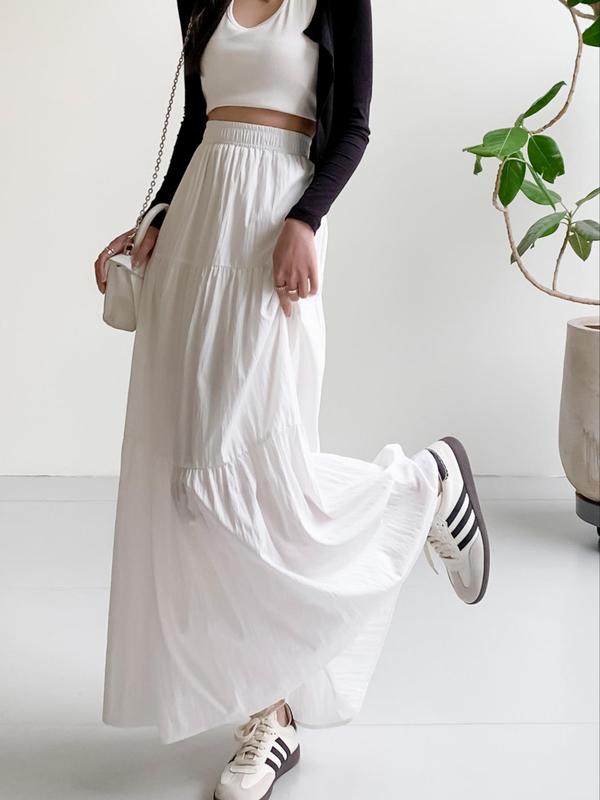 Women's Solid High Waist A-line Skirt, Casual Elastic Waist Long Skirt for Daily Wear, Ladies Bottoms for All Seasons