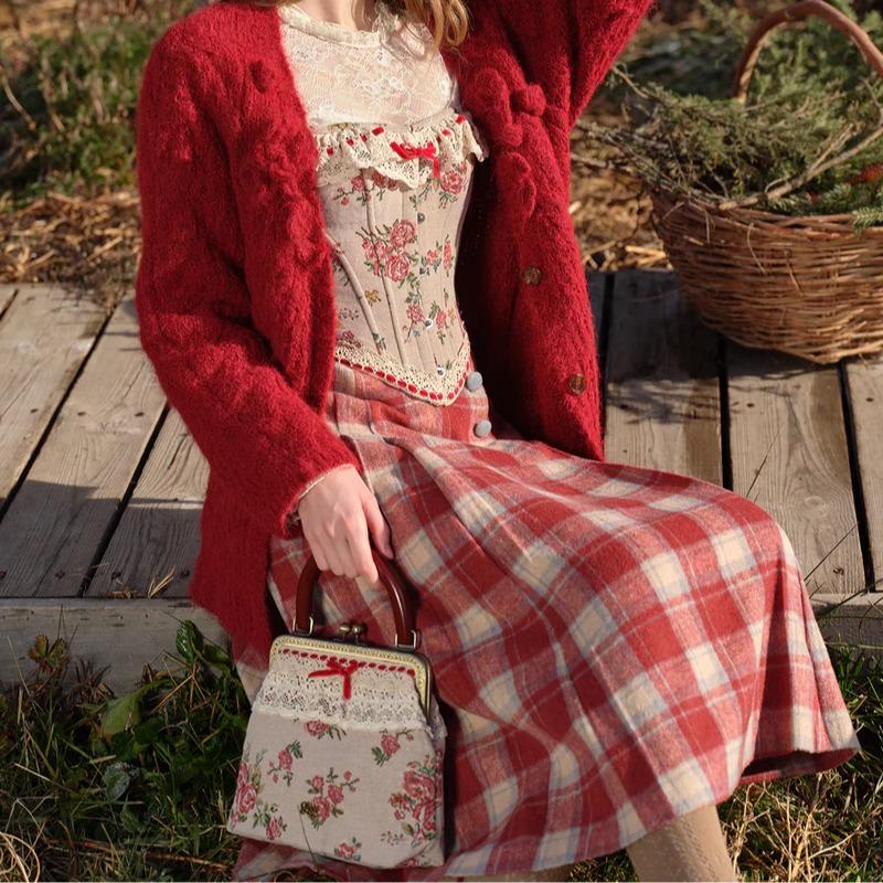 Rosey Christmas Cottage Skirt - 2024 Summer French Vintage Scottish Plaid A-Line Pleated Long Skirt