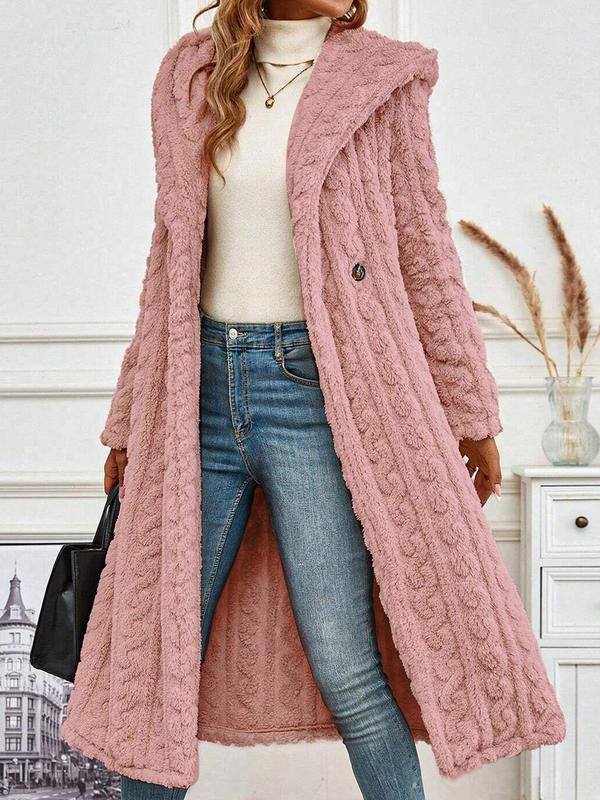 Women's Solid Textured Long Sleeve Fuzzy Hooded Coat, Casual Jackets, Open Front Plush Outerwear for Fall & Winter, Women's Clothing for Daily Wear