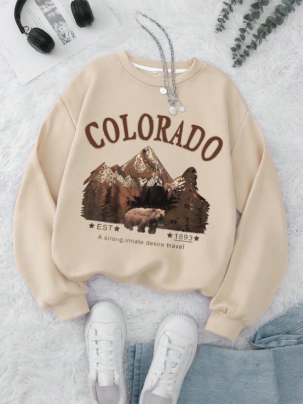 Women's Colorado Letter Drop Shoulder Sweatshirt, Casual Long Sleeve Round Neck Pullover for Fall & Winter, Women's Clothes for Daily Wear