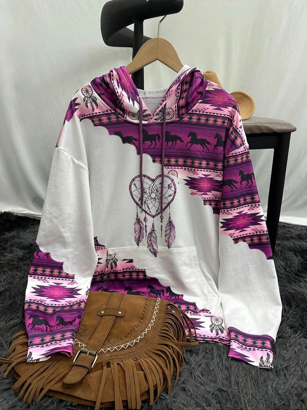 Women's Ethnic Pattern Heart Graphic Print Drawstring Hoodie, Casual Long Sleeve Drop Shoulder Hooded Sweatshirt for Daily Holiday Outdoor Wear, Ladies Clothes for All Seasons