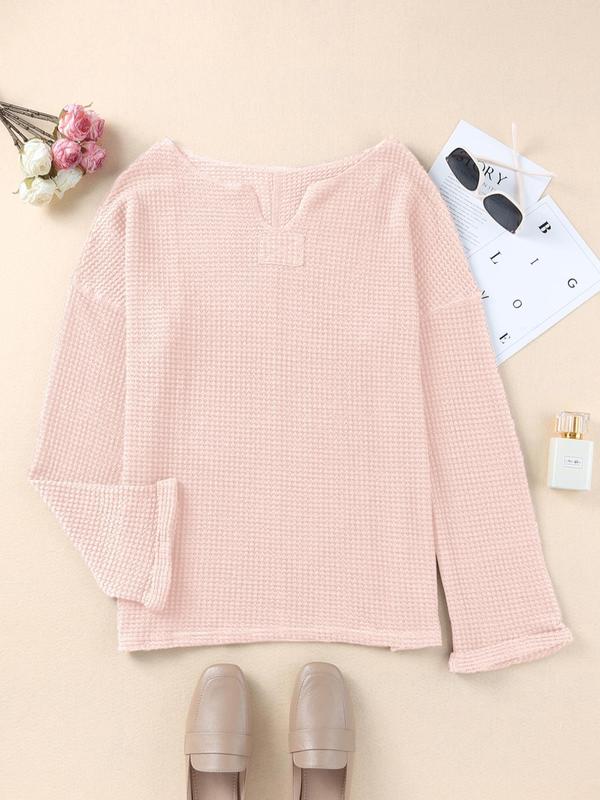  Solid Notched Neck Waffle Knit Sweatshirt, Casual Drop Shoulder Long Sleeve Pullover, Women's Fall & Winter Clothes for Daily Wear