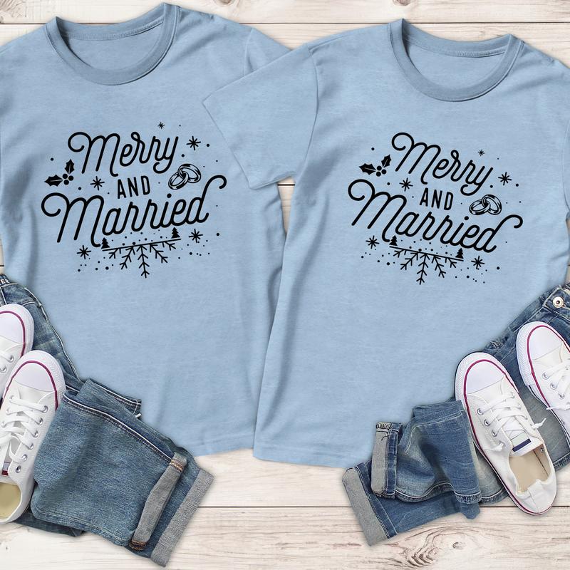 Merry And Married Couples Matching Christmas T-Shirts, Comfort Cotton, Size For All Body, Shirts For Couples, Gift For Husband Wife Casual Comfortable