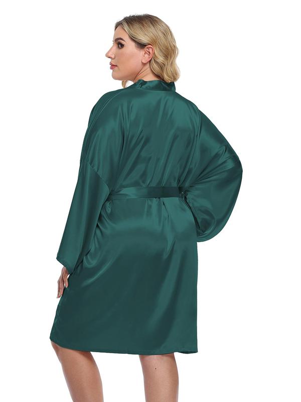 Plus Size Solid Belted Wrap Drop Shoulder Satin Robe, Casual Long Sleeve V Neck Dressing Gown for Daily Home Wear, Women's Sleepwear for All Seasons