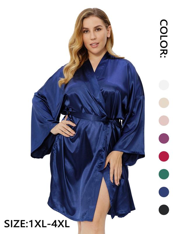 Plus Size Solid Belted Wrap Drop Shoulder Satin Robe, Casual Long Sleeve V Neck Dressing Gown for Daily Home Wear, Women's Sleepwear for All Seasons