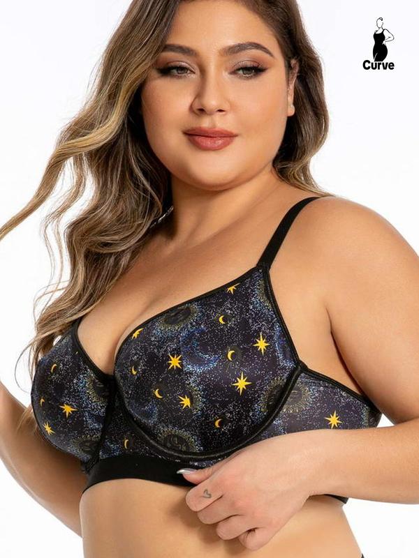 Plus Size Galaxy Print Underwire Bra, Casual Adjustable Strap Push Up Bralette for Women, Women's Plus Size Lingerie for All Seasons