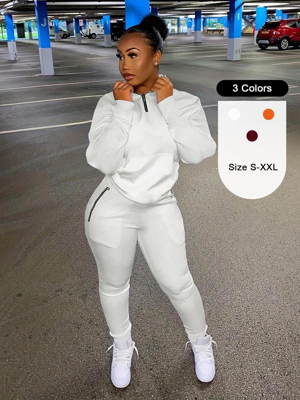 Women's Solid Half Zip Up Sweatshirt & High Waist Skinny Pants Two-piece Set, Casual Long Sleeve High Neck Pullover & Zipper Pants for Daily Wear, Ladies Two-piece Outfits for All Seasons