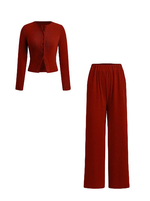 Two-piece Set Women's Solid Button Front Ribbed Crop Top & Elastic Waist Pants, Casual Long Sleeve Round Neck Top & Trousers 2 Piece Set for Spring & Fall, Women's Clothes for Daily Wear