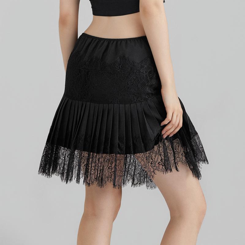 Women Lace Tiered Mini Skirt Summer Elastic Pleated Lace Trim Half Slip Low Rise Flowy Short Skirts Underskirt