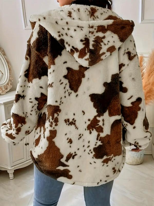 Women's Cow Print Button Front Hooded Fuzzy Coat, Casual Long Sleeve Drop Shoulder Outerwear for Fall & Winter, Women's Clothes for Daily Wear, Fall Outfits, Fallfreshness Clothes