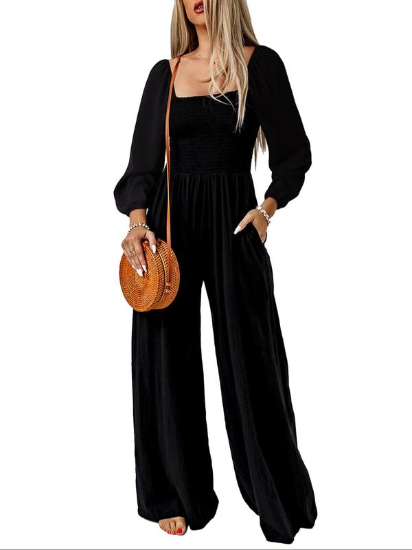 Women's Solid Shirred Bishop Sleeve Square Neck Jumpsuit, Casual Pocket Wide Leg Jumpsuit for Fall, Women's Jumpsuit for Daily Wear