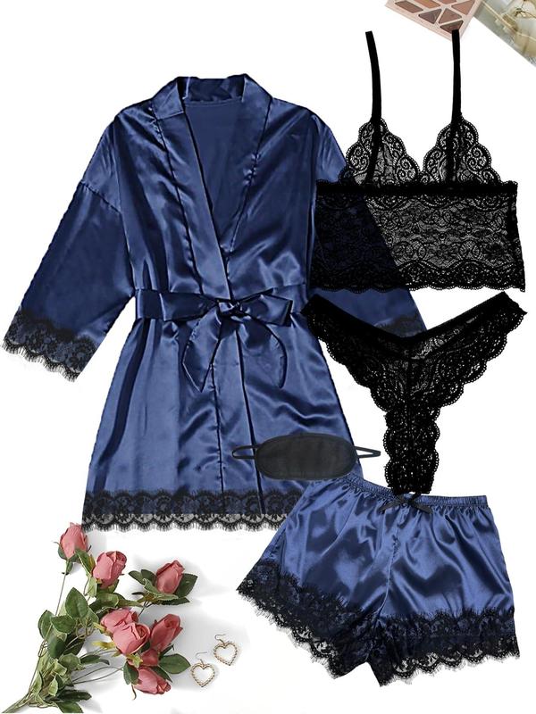 5 Counts Women's Contrast Lace Satin Pyjama Set, Casual Scallop Trim Crop Cami Top & Thong & Belted Wrap Lounge Robe & Bow Elastic Waist Pj Pants Shorts & Eye Mask Set, Women's Loungewear Set, Pajama Sets Women, Fall Wear