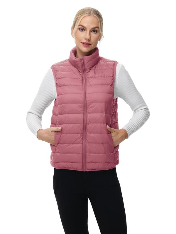 Women's Solid Zip Up Pocket Vest Down Coat, Women's Clothing for Hiking, Climbing, Camping Outdoor Activities, Casual Sleeveless Outerwear for Fall & Winter,