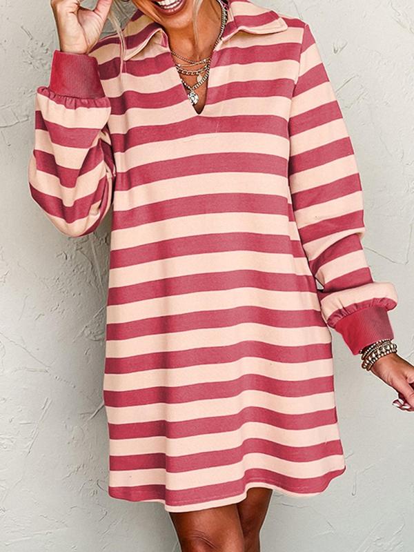 Women's Striped Print Pocket Tee Dress, Casual Long Sleeve Collared Dress for Fall & Winter, Women's Clothing for Daily Wear