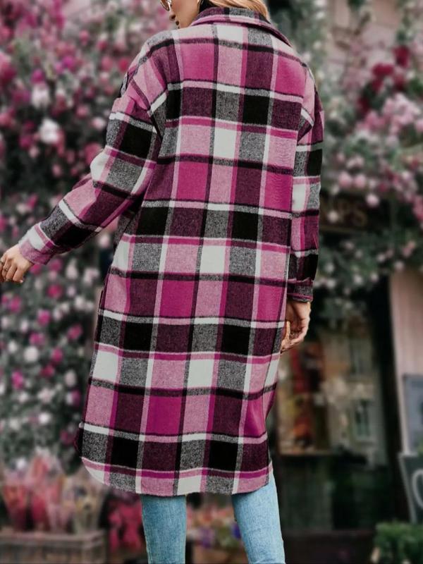 Women's Colorblock Plaid Print Button Front Drop Shoulder Coat, Casual Long Sleeve Collared Pocket Coat for Fall & Winter,  Winter Clothes Women, Women's Clothing for Daily Wear, Fall Clothes Outerwear