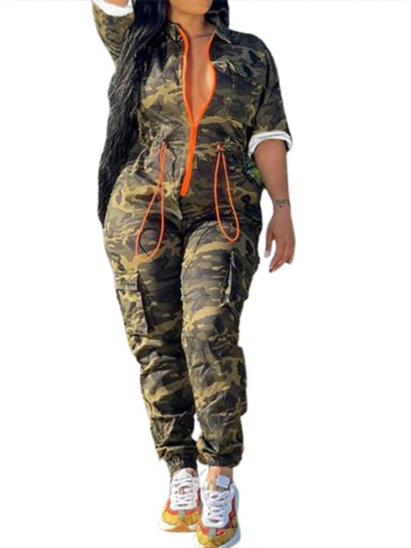 Women's Camo Print Drawstring Zip Up Jumpsuit, Casual Pocket Long Sleeve Collared Jumpsuit for Daily Wear, Ladies Clothes for All Seasons