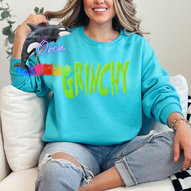 Orca ~ GRINCHY Unisex Sweatshirts with Lime Green Glitter Puff ~ Small - 4XL Christmas Crewneck Casual Womenwear