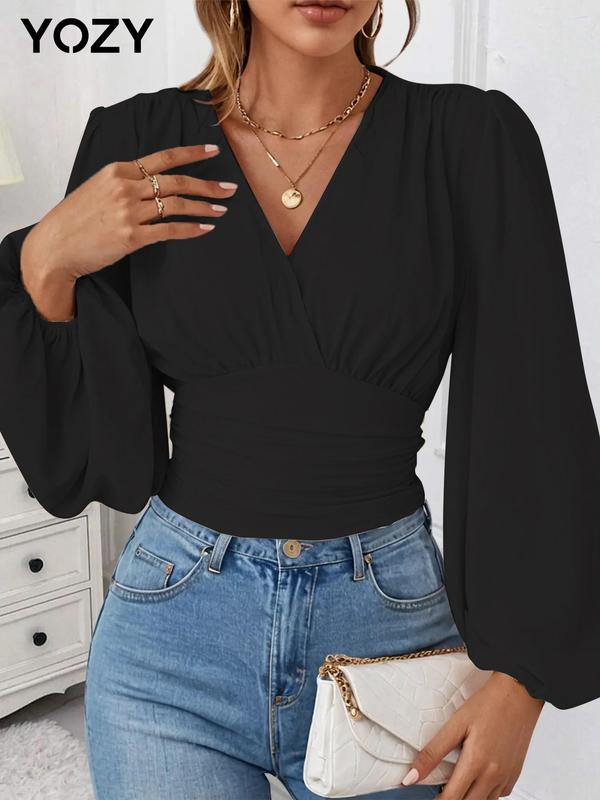 YOZY Plain Ruched Wrap Shirred Bishop Sleeve Blouse  Elegant V Neck Long Sleeve Frill Trim Top, Going Out Tops, 2024 Women's All Season Outfits for Work, Office, Business