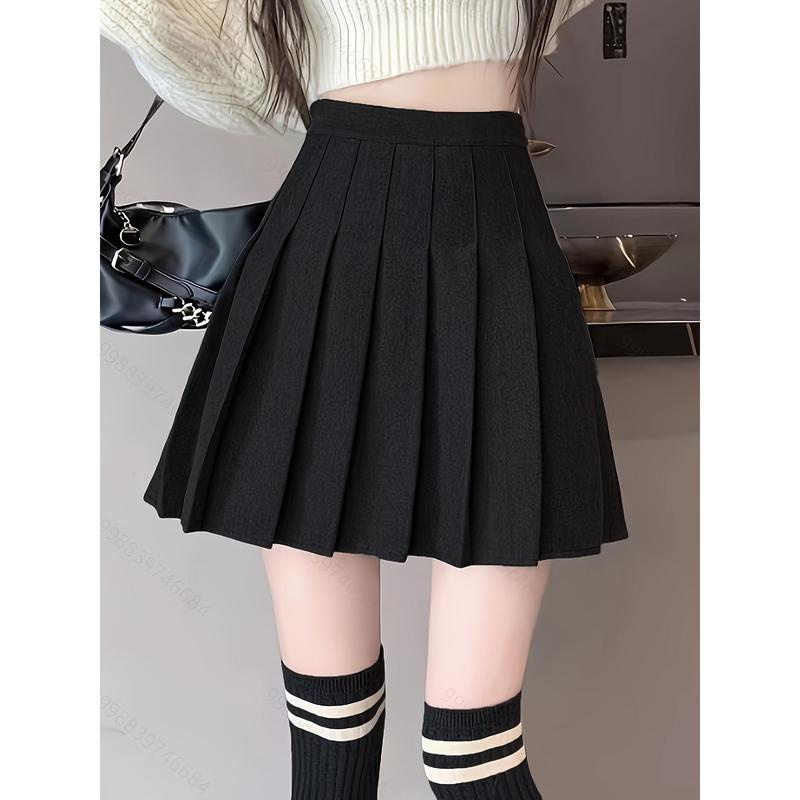 Women's Pleated Skirt, Black A-Line Mini Skirt, Polyester, Slimming, Young Style, Solid Color, Fall Winter, Zipper Closure, Woven Fabric, Fashion Clothing Womenswear Bottom Womenswear Bottom Comfort Basic Minimalist Womenswear Bottom