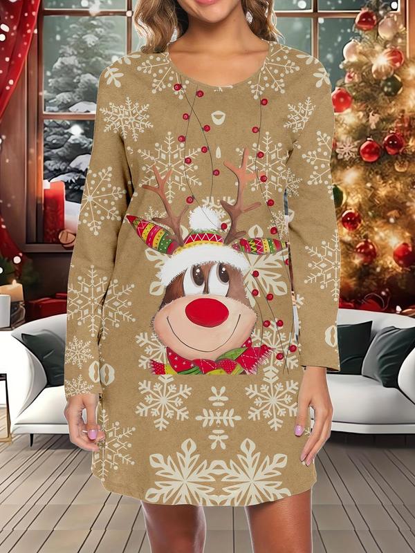 Women's Christmas Themed Snowflake Elk Print Round Neck Nightdress, Casual Long Sleeve Crew Neck Nightgown for Fall & Winter, Lady's Sleepwear for Indoor Wear