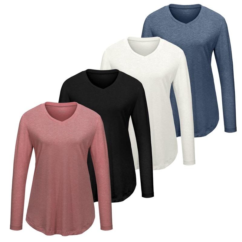 VILIGO 4-Pack Longsleeves Shirts - V-Neck, Basic Soft and Comfortable Tops for Women, Casual Style, Multiple Colors Fabric Womenswear