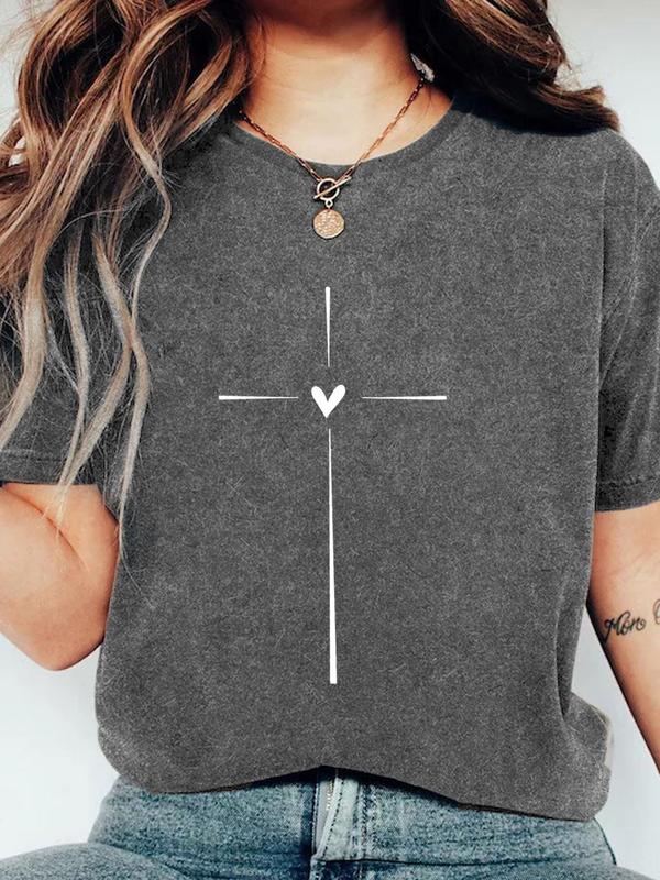 Women's Cross & Heart Print Round Neck Tee, Graphic Tees Women, Fashion Casual Crew Neck Short Sleeve T-shirt for Daily Wear, Vintage Graphic Tees, Ladies Clothes for All Seasons