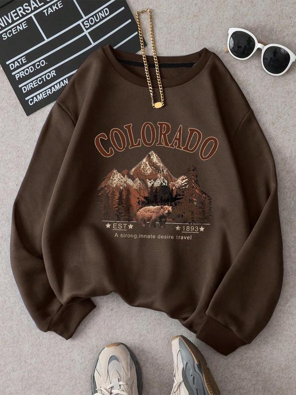 Women's Colorado Letter Drop Shoulder Sweatshirt, Casual Long Sleeve Round Neck Pullover for Fall & Winter, Women's Clothes for Daily Wear