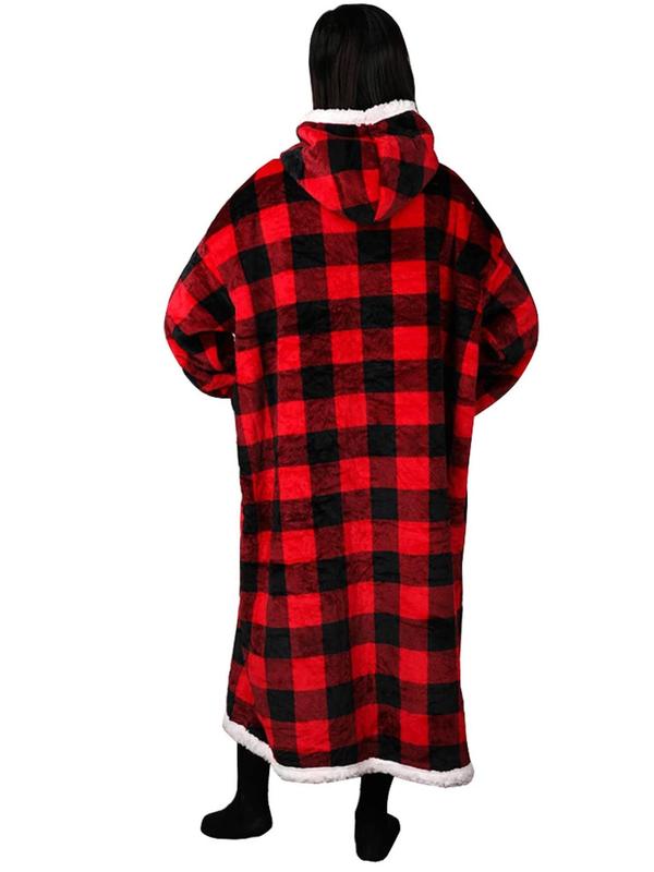 Christmas Women's Plaid Print Contrast Faux Fur Trim Hooded Lounge Robe, Casual Drop Shoulder Long Sleeve Bathrobe Loungewear, Ladies Sleepwear for Fall & Winter