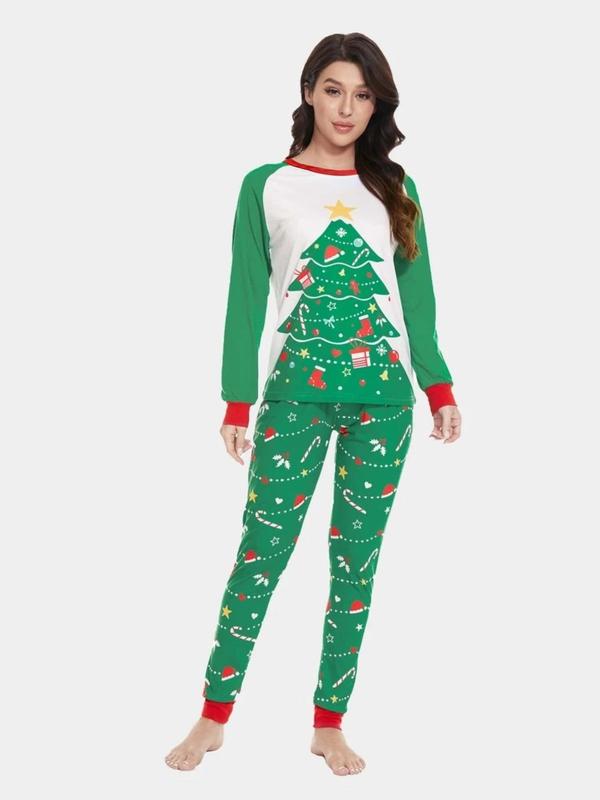 Couple's Christmas Themed Reindeer & Plaid Print Raglan Sleeve Pajama Two-piece Set, Casual Comfy Long Sleeve Top & Elastic Waist Pants Pj Set, Couple's Sleepwear for Spring & Fall,  Matching Bf and Gf