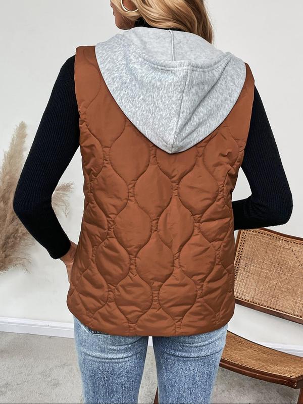 Women's Solid Zip Up Drawstring Hooded Puffer Vest Coat Without Inner Top, Casual Thermal Quilted Sleeveless Outerwear For Fall, Ladies Clothes For Daily Wear