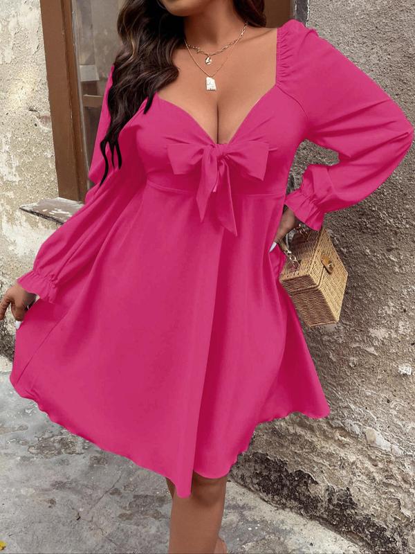  Bow Front Shirred Cut Out Flounce Sleeve Dress, Elegant Sweetheart Neck Long Sleeve A Line Dress for Party Holiday Wedding Guest, Gift Set, Women's Vintage Clothing for Fall & Winter Vintage Clothing Non Bodycon Dress