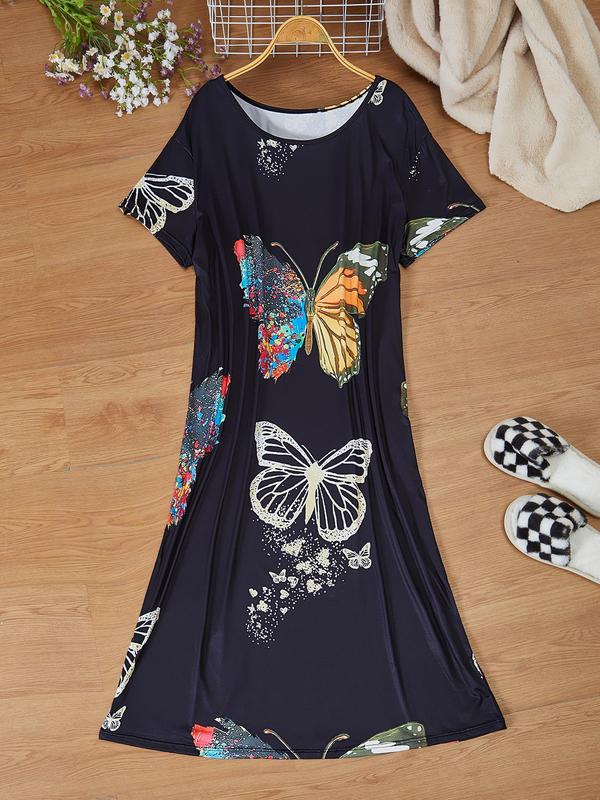  Butterfly Print Round Neck Nightdress, Casual Soft Comfortable Short Sleeve Nightgown for Women, Women's Sleepwear for All Seasons