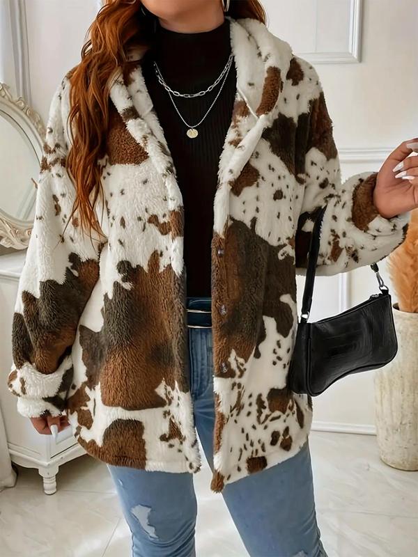 Women's Cow Print Button Front Hooded Fuzzy Coat, Casual Long Sleeve Drop Shoulder Outerwear for Fall & Winter, Women's Clothes for Daily Wear, Fall Outfits, Fallfreshness Clothes