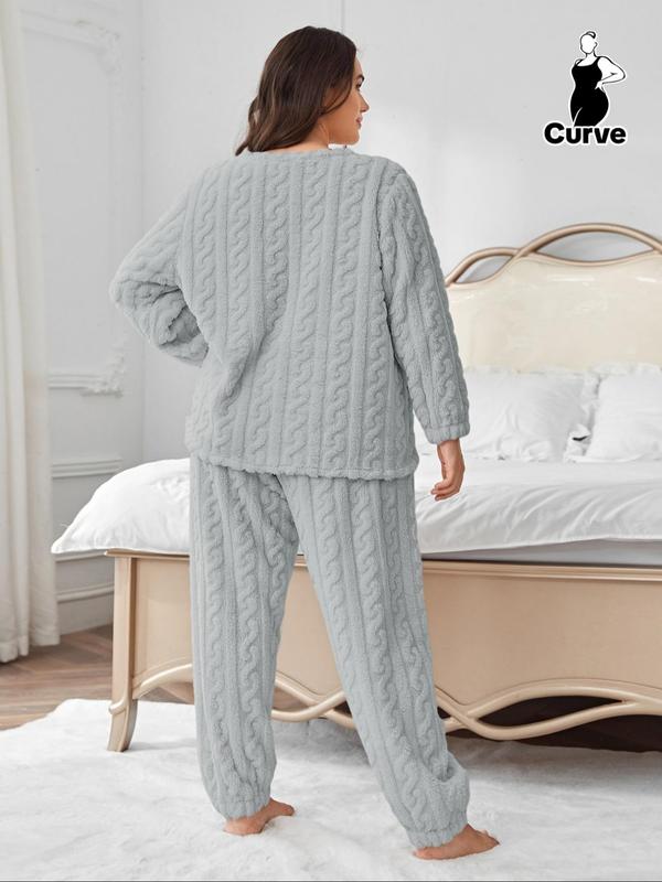 Plus Size Solid Textured Drop Shoulder Top & Coral Fleece Pants Two-piece Set, Casual Fashion Cozy Round Neck Long Sleeve Top & Trousers for Daily Home Wear, Women's Sleepwear for Fall & Winter, Fluffy Pajamas