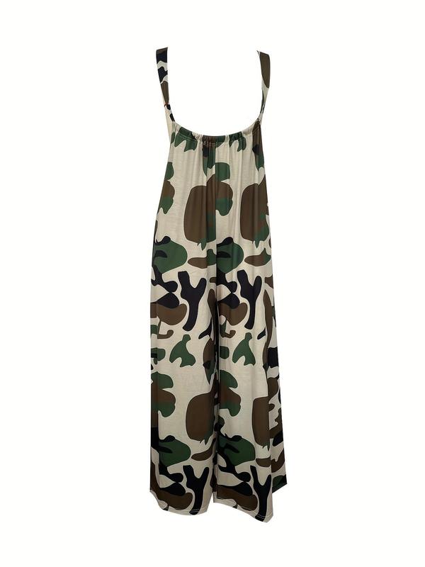 Women's Camo Print Knot Front Wide Leg Overalls, Casual Pocket Suspender Overalls for Daily Wear, Ladies Clothes for All Seasons