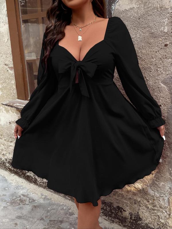  Bow Front Shirred Cut Out Flounce Sleeve Dress, Elegant Sweetheart Neck Long Sleeve A Line Dress for Party Holiday Wedding Guest, Gift Set, Women's Vintage Clothing for Fall & Winter Vintage Clothing Non Bodycon Dress