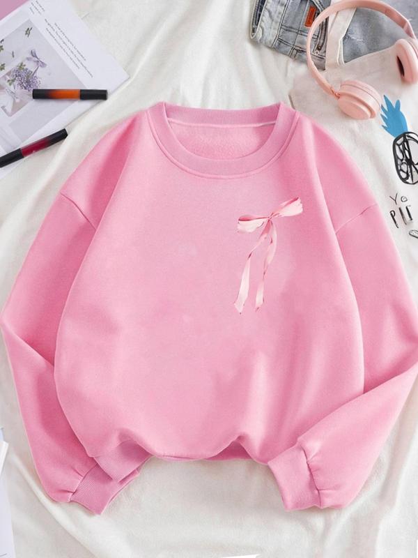 Women's Letter & Bow Print Crew Neck Sweatshirt, Casual Long Sleeve Pullover for Fall & Winter, Women's Clothes for Daily Wear