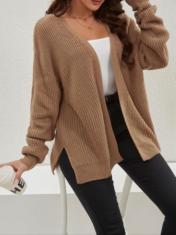 Women's Plain Split Hem Drop Shoulder Cardigan, Casual Long Sleeve Open Front Knitwear for Spring & Fall, Fashion Women's Knit Clothing for Daily Wear