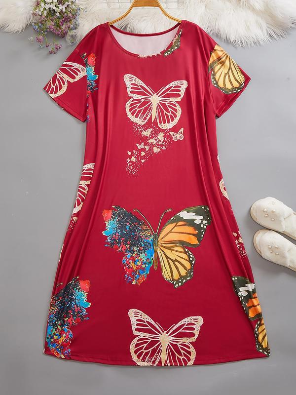  Butterfly Print Round Neck Nightdress, Casual Soft Comfortable Short Sleeve Nightgown for Women, Women's Sleepwear for All Seasons