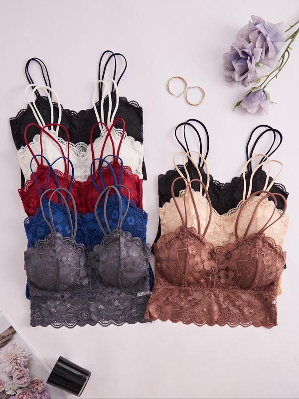 Women's Solid Color Lace Bralette with Removable Chest Pad, Casual Comfy Breathable Double Strap Wireless Push Up Bra, Ladies Lingerie for All Seasons