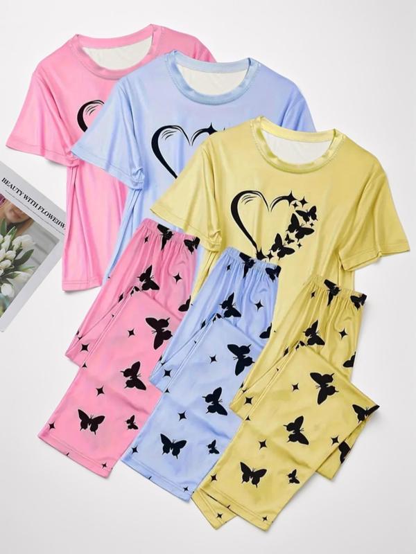 6 Piece Set Women's Heart Print Round Neck Tee & Butterfly Print Pants Pajama Set, Women Cute Nightwear, Comfort Casual Tee & Elastic Waist Trousers Pajama Set, Summer Clothes, Back To School Sleepwear, Sleepwear & Homewear for Lady, Summer Wear 2024