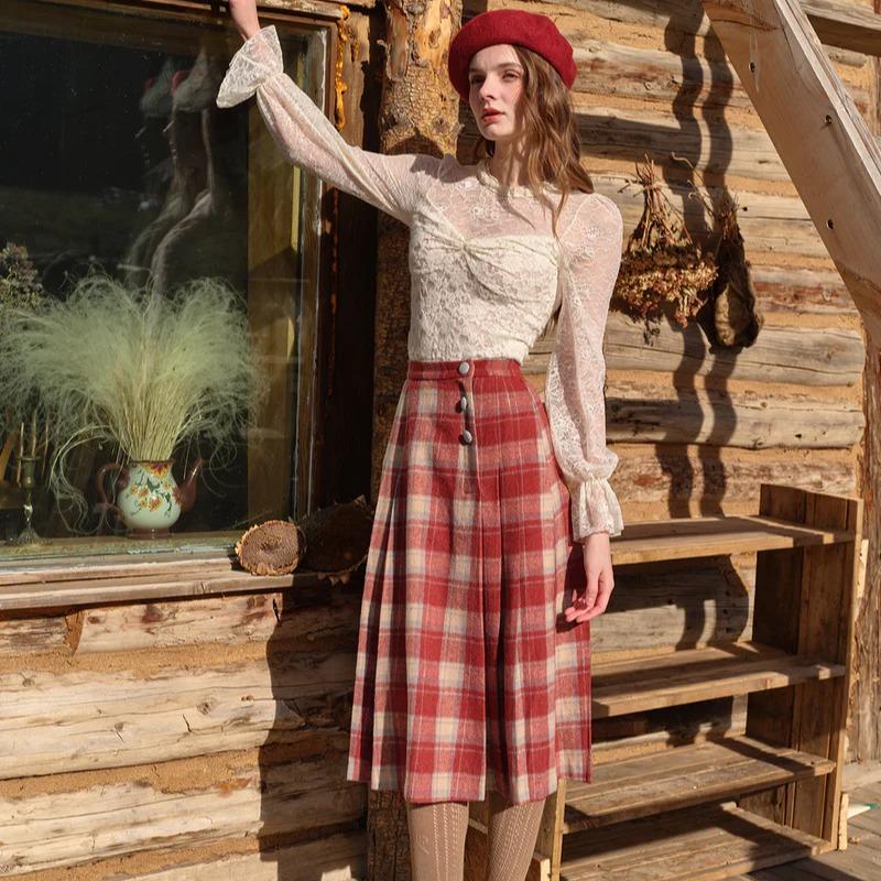 Rosey Christmas Cottage Skirt - 2024 Summer French Vintage Scottish Plaid A-Line Pleated Long Skirt