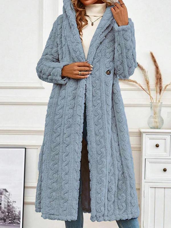 Women's Solid Textured Long Sleeve Fuzzy Hooded Coat, Casual Jackets, Open Front Plush Outerwear for Fall & Winter, Women's Clothing for Daily Wear