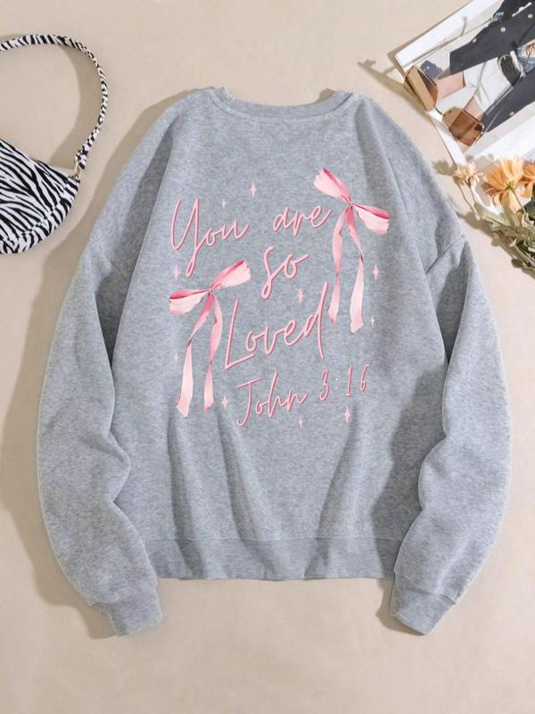 Women's Letter & Bow Print Crew Neck Sweatshirt, Casual Long Sleeve Pullover for Fall & Winter, Women's Clothes for Daily Wear