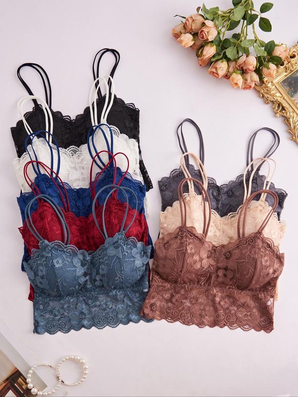 Women's Solid Color Lace Bralette with Removable Chest Pad, Casual Comfy Breathable Double Strap Wireless Push Up Bra, Ladies Lingerie for All Seasons