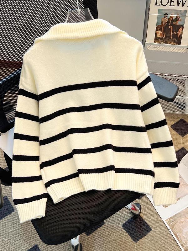 Women's Striped Print Half Zip Drop Shoulder Sweater, Casual Long Sleeve Jumper for Fall & Winter, Fashion Ladies' Knitwear for Daily Wear