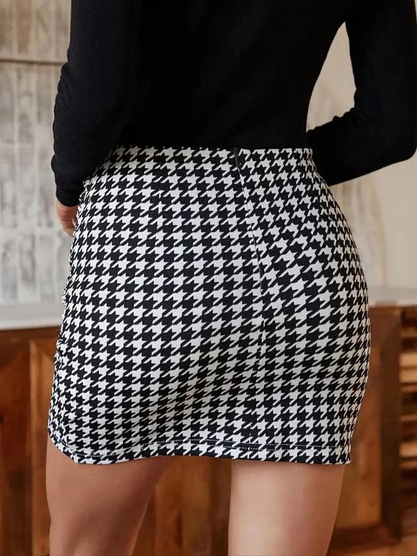 Women's Houndstooth Print Ruched Wrap Bodycon Skirt, Elegant Asymmetrical Hem High Waist Skirt for Daily Wear, Ladies Bottoms for All Seasons, Fall Outfits, Fallfreshness Clothes