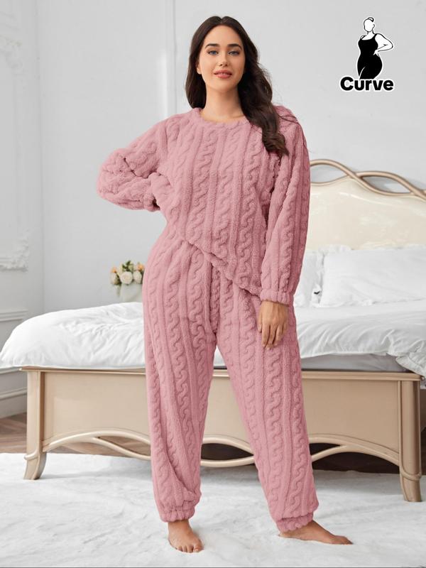 Plus Size Solid Textured Drop Shoulder Top & Coral Fleece Pants Two-piece Set, Casual Fashion Cozy Round Neck Long Sleeve Top & Trousers for Daily Home Wear, Women's Sleepwear for Fall & Winter, Fluffy Pajamas