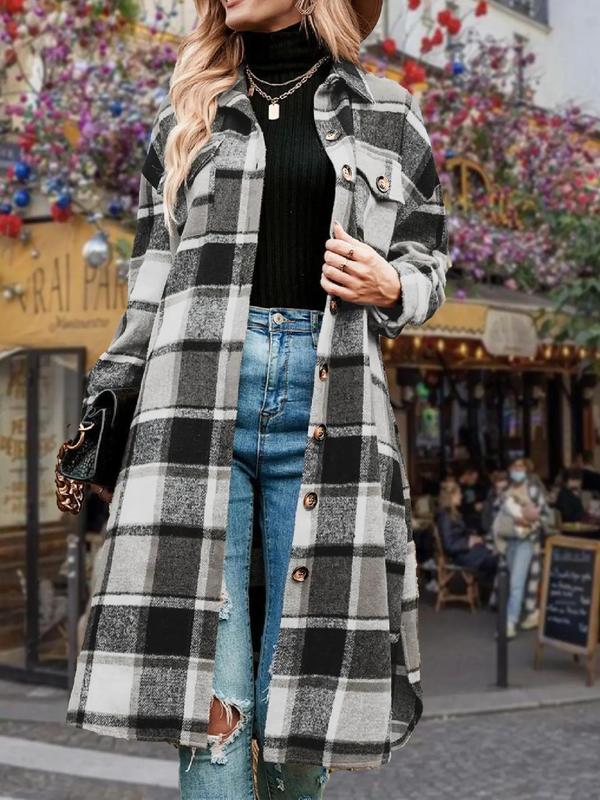 Women's Colorblock Plaid Print Button Front Drop Shoulder Coat, Casual Long Sleeve Collared Pocket Coat for Fall & Winter,  Winter Clothes Women, Women's Clothing for Daily Wear, Fall Clothes Outerwear